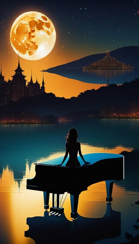 Night view, Movie angle, (((You can see the city under the lake water:1.3))), eternal fantasy, (((Silhouette woman with crystal piano on the lake:1.3))), Waning Moon, Unmatched clarity and clarity, (((Radiosity rendered in stunning 32K resolution:1.3))), E...