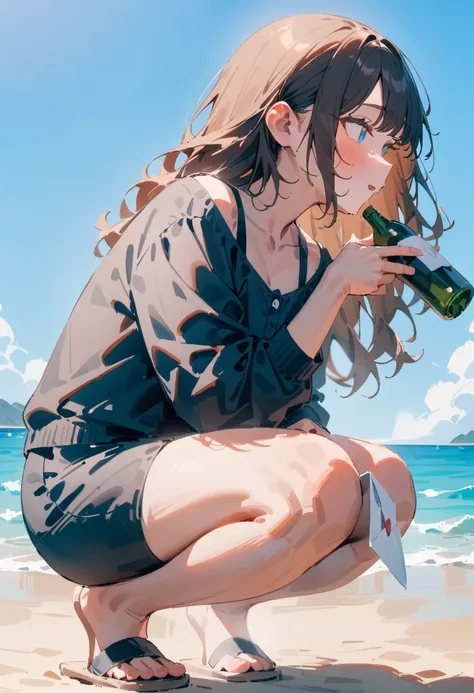 masterpiece, best quality, very aesthetic, absurdres, newest, 1girl, solo, young, brown hair, wavy hair, long hair, blue eyes, looking forward, hopeful expression, casual clothing, squatting, holding a Empty bottle with letter, side view, sandy beach, clea...