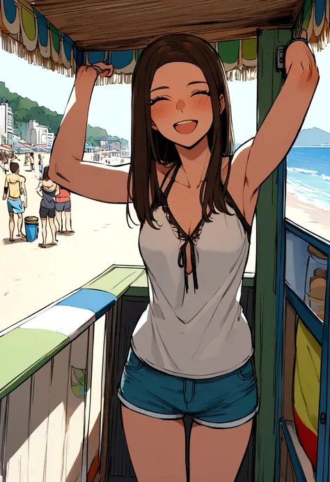 Brazilian, 20 years old, brunette, straight hair, happy, in a kiosk on the beach in Copacabana, in shorts