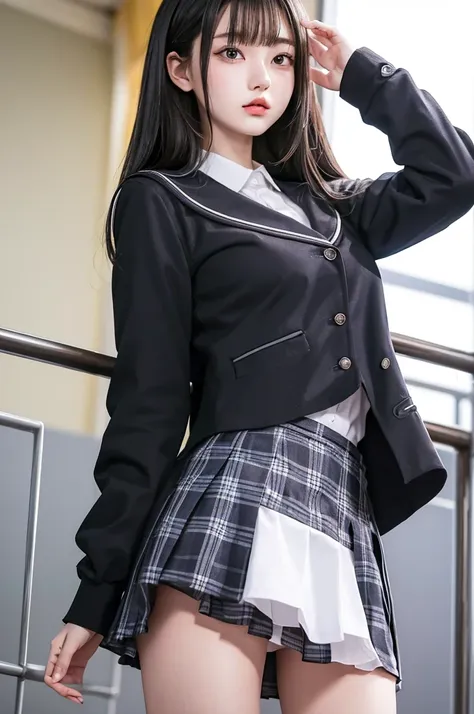 Top quality, high image, 1 woman, 18 years old, school stairs, black jacket, Medium breasts,white blouse,(plaid miniskirt), cotton panties,upskirt from below