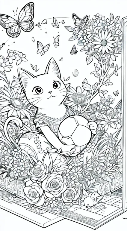 A cute, playful cat with a ball of yarn, surrounded by butterflies and flowers. line art, cartoon character, 3d style, high-quality, coloring book, hand-draw.