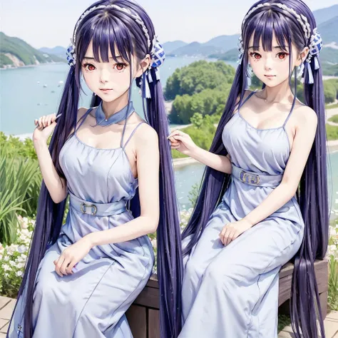 masterpiece, Highest quality, Official Art, 8k wallpaper, Very detailed, figure, 1 Girl, Blue Hair, Long Hair, Fine grain, For rest, Bare shoulders, Hanfu,lake, Pure, A kind smile,bamboo,tea