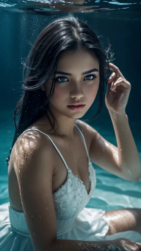 a girl with black hair, sad, in water reaching her hand up, in a white dress, drowning in water, beautiful detailed eyes,beautiful detailed lips,extremely detailed eyes and face,longeyelashes,1girl,oil painting,underwater,dramatic lighting,moody atmosphere...