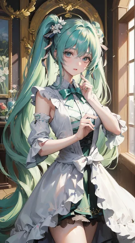 Absurdres masterpiece HDR high quality picture of Hatsune Miku, very young age girl 14 years old with detailed face, simple hair design , beautiful face, hands on waist and hands are hiding in her hair and clothes , very long hair, ((random hair style:1 ))...