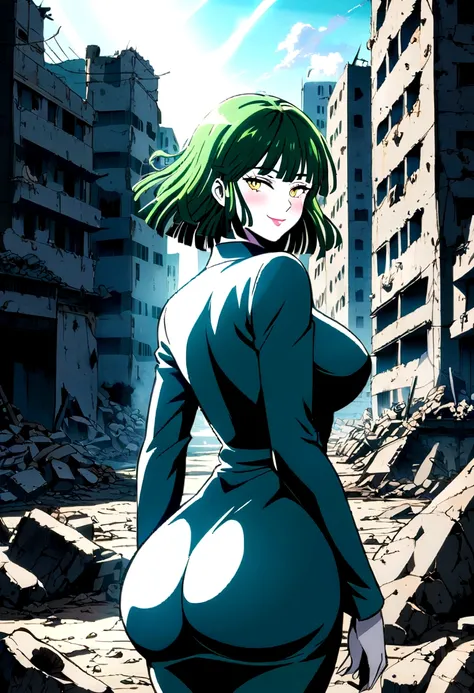 Anime art style, Fubuki from One Punch Man, Green Hair, White skin, Wearing a V-neck dress, Stand in a destroyed city, Cinematic lighting, sunlight, A smile with a blush on her cheeks, Large Breasts, Big Ass, Back view.