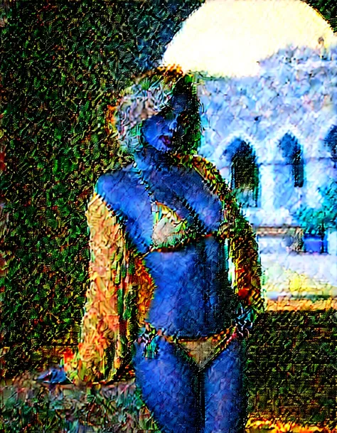 seductive pose in a stone archway, massive breasts, huge breasts, shy girl, hair covering her eyes, looking downwards, candid picture, candid pose, sultry expression on her face, lips parted, soft light from the side, backlighted, soft morning lighting, vi...