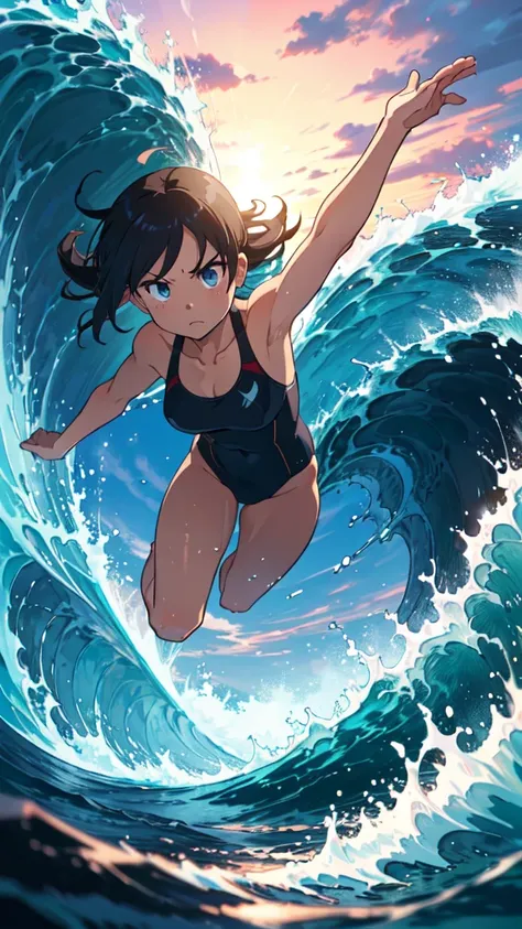 Small  in swimsuit riding huge wave, defiant look, dynamic pose, mysterious, summer sky