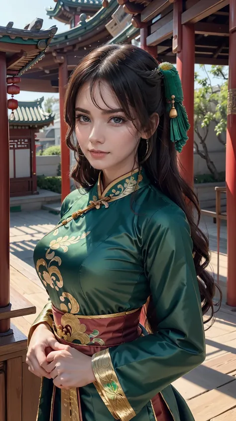 ((whole body)), samdoesarts style award winning whole body portrait of a beautiful woman, ((Perfect feminine face)),((Ancient Chinese Green Clothing)), ((Green Peking Opera Costume)), (Long sleeve) Gazebo, complicatedな, (Beautiful details in the eyes, Long...