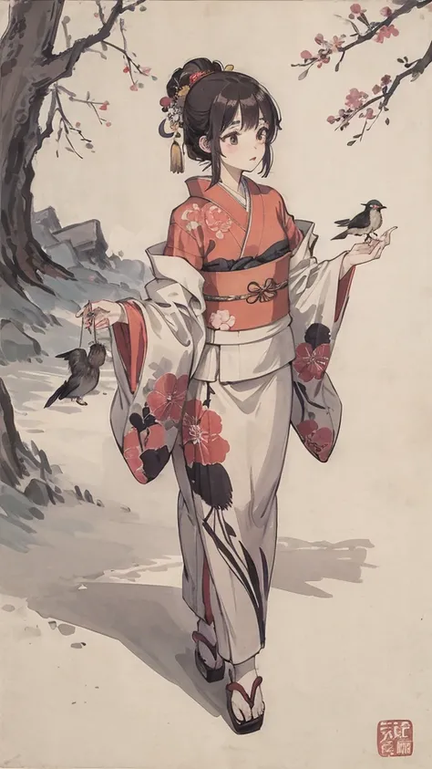 Beautiful woman playing with a bird、Japanese-style kimono