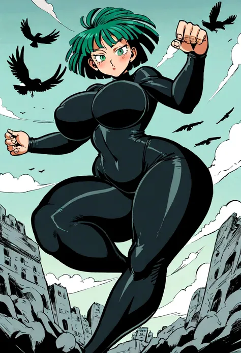 One punch man art style, anime art style, yusuke murata art style, fubuki from one punch man, green eyes, short deep green hair, wearing black bodysuit, sitting on a destroyed city, cinematic shadow, cinematic fog, crows in the sky,matured face, blushing, ...