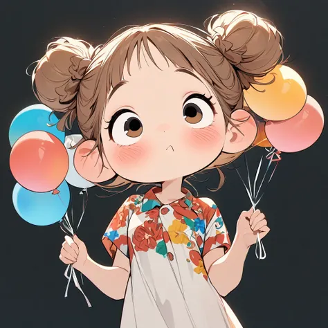 (masterpiece, highest quality:1.2), Cartoon style character design。Pure white background，1 girl holding balloons in her hands, alone，Big eyes，Cute expression，Two buns hair，Floral Shirt，Work clothes，White sneakers，stand，interesting，interesting，Clean Lines，S...