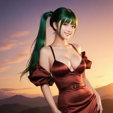 masterpiece, 8k, arafed image of a woman in a brown dress with green hair, RAW photo, (pony tail:1.2), goddess, seductive girl, smile, photo quality, extremely detailed artgerm, beautiful alluring woman, style artgerm, artgerm on artstation pixiv, artgerm ...