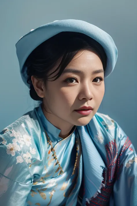 Highly realistic photo, ((masterpiece), (best quality), (raw photo), (photorealistic:1.4), Portrait of a 60 year old Vietnamese woman, wearing a black traditional Vietnamese ao dai and a black scarf on her head, ((light blue background:1.4)) , photo taken ...