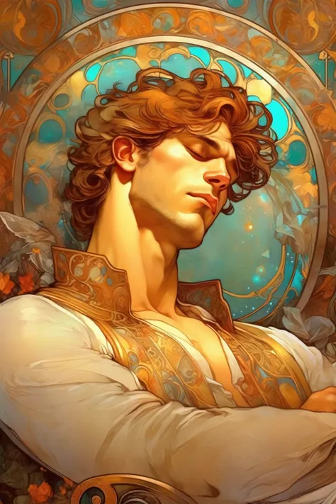 alphonse mucha style - handsome thirty-something sleeping prince in the style of alphonse mucha a pintura deve capturar a essênc...