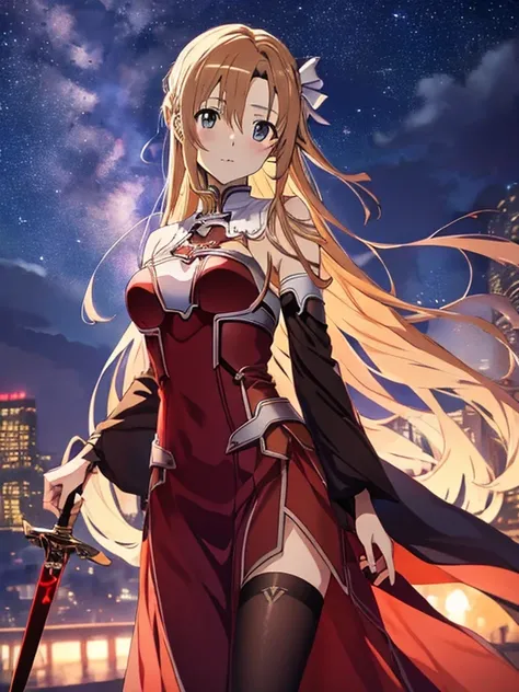  (Yuuki Asuna_Sword Art Online) Evening Dress, Night view, Beauty, Beautiful eyes, uhd, retina, masterpiece, ccurate, anatomically correct, textured skin, super detail, high details, high quality, best quality, highres, 4K