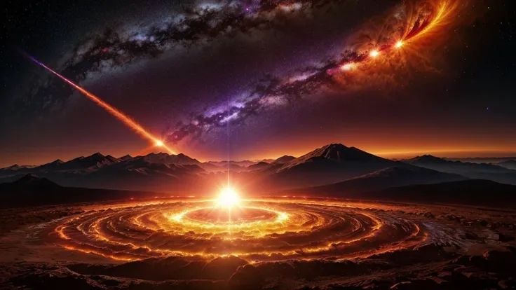 Horizontal image of universe in which Earth get smash to the sun and the colour of the earth become red and there is a big blast between sun and earth and the background universe colour is purple and orange and there are many particles of blast spread arou...