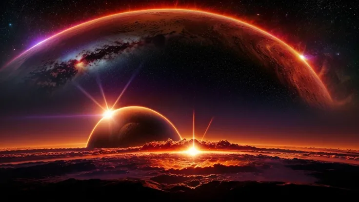 Horizontal image of universe in which Earth get smash to the sun and the colour of the earth become red and there is a big blast between sun and earth and the background universe colour is purple and orange and there are many particles of blast spread arou...