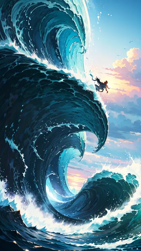 Young little  riding huge wave, defiant look, dynamic pose, mystical, summer sky