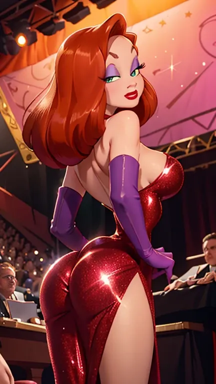 Masterpiece, hd, full detailed, jessica rabbit, sideless red dress, (glitter dress), purple sleeve gloves, dark orange hair, detailed eyes, perfect eyes, green eyes, pink eye make up, red lipstick, cleavage, seductive look, seductive pose, looking at viewe...