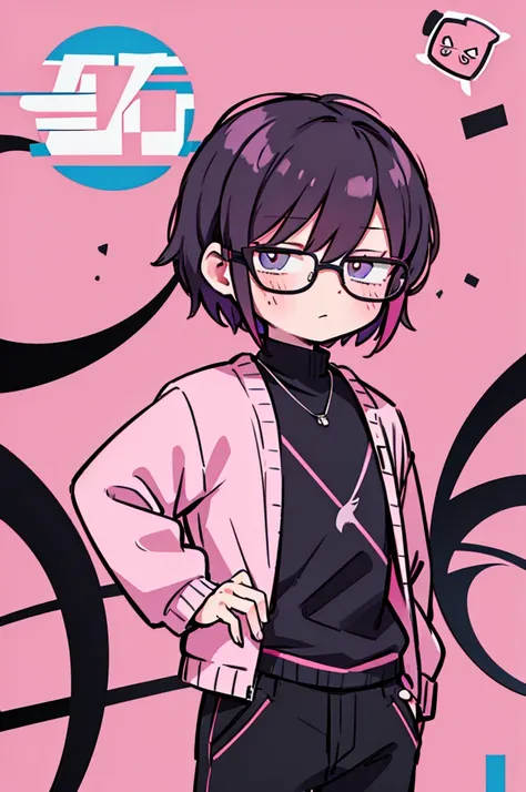 black pants, Sharp image, man, pink hair, wearing a pink jacket. , has a dull, bored face, wears round glasses, has short, neat hair,