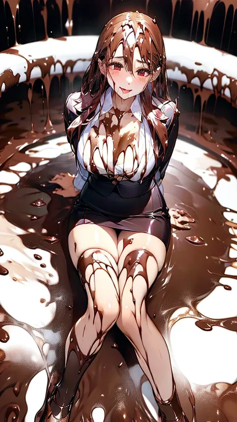 Mouth open、Sticking out tongue、Vero,syrup on chest, chocolate syrup on hair,whole body,pants,Leg spread:0.8,Public Image Group Photo:1.5, shiny limbs,Very attractive arms and thighs,Elegant,Very sexy body, No sleeve,office lady,Wearing a tight skirt,Ahegao...