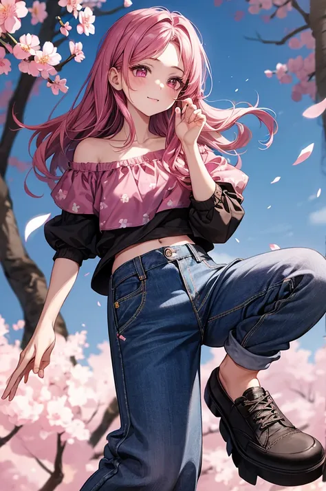 1girl, holding up a sapphire flower over her mouth, black pink hair ombre, park with cherry blossom background, harajuku style fashion,  off shoulder, short jeans pants, halfbody, hair flow, halfbody