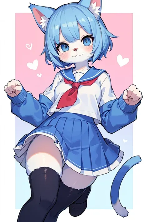 furry, knee socks, light blue hair, sailor suit, short cut hair, cat ears, girl, cute, cat girl, Skirt, furry, fluffy,