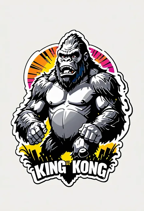 (((a sticker))), (((white background))),(((splash art))), intricately detailed t-shirt design ready for print , 2d, ONE BLACK angry shouting furious  HUGE KING KONG in foreground,mountains peek Jungle sunset at the background, (((letters "KING KONG" ))), v...