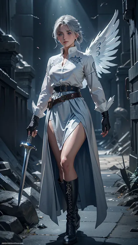 a young woman with gray hair and gray eyes, wearing a white shirt, long blue skirt, gloves, belt, and boots, holding two swords,...