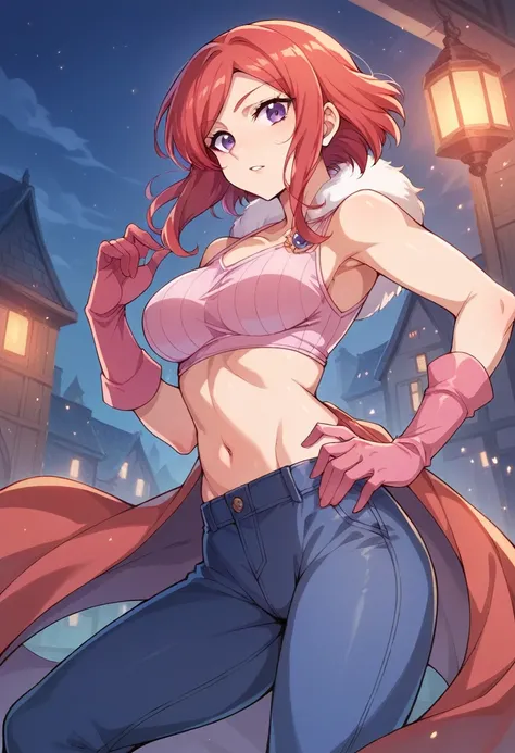 Masterpiece, best quality, castlevania style,nishikino maki, red hair, purple eyes,breasts, pink crop top,pants,night , standing,posing, gloves 