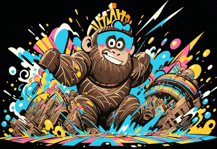 (((a sticker))), (((white background))),(((splash art))), intricately detailed t-shirt design ready for print , 2d,  (((letters "KING KONG" ))), vibe detailed design for streetwear and urban style t-shirts design, pro vector, (cel-shading style:1.3), inkpu...