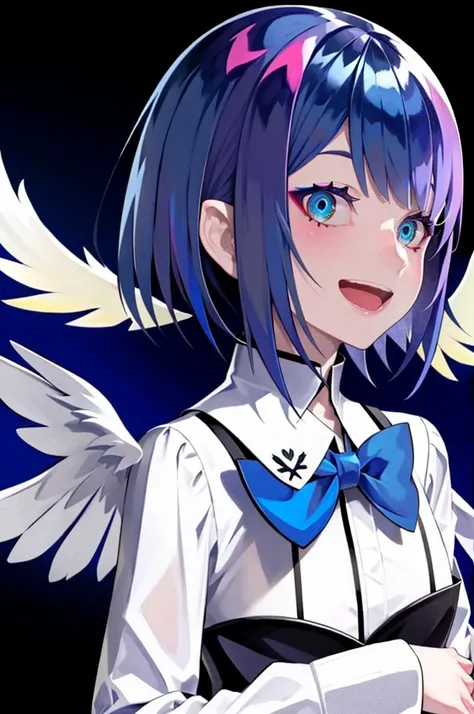 One girl, alone, The Four Canatas, star Hello, Virtual YouTuber, Multicolored Hair, wing, Hello, Inner hair color, Open your mouth, Angel, feathereD wing, Angel wing, Asymmetrical Hair, Blue Hair, smile, View your viewers, Blue background, Simple Backgroun...