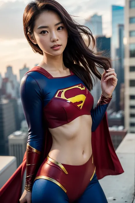 beautiful Anna Sawai (Japanese actress), Supergirl costume, medium breasts, (highdetailskin:1.2), 8K UHD, Digital SLR, Soft lighting, High quality, filmgrain, Fujifilm XT3, perfect figure, (beautiful woman:1.4), (Slim abs:1.1), ((flowing hair)), RAW photo,...