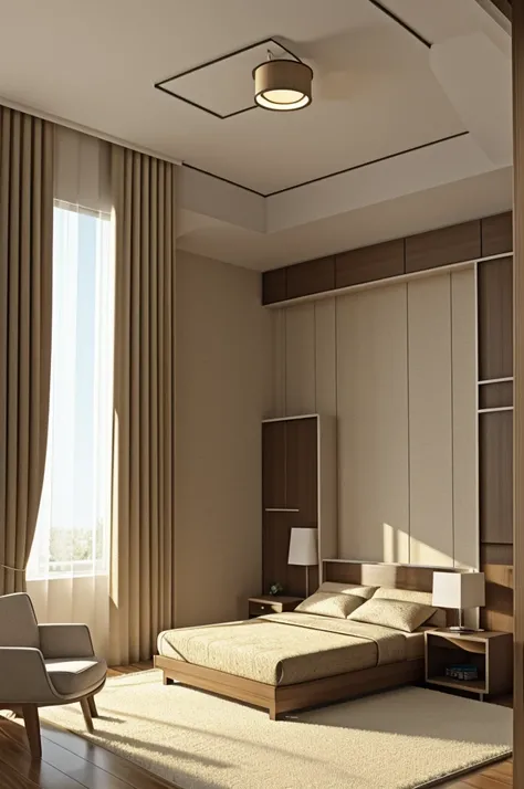 ACOUSTICAL & LIGHTING DESIGN

Draw and render a perspective of a BED ROOM using at least 2 acoustical material (example: carpet & curtain) and 2 different lamps ( example: side table lamp shade and cove ceiling lamp)