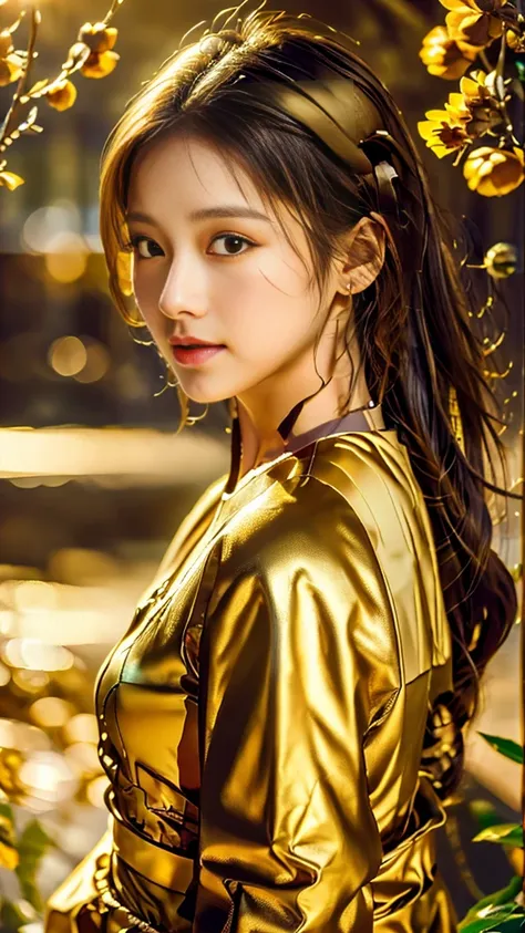 stunning kim jisoo, cover in golden liquid shining golden flowers in her hair, beautiful, magical, volumetric light, detailed, r...