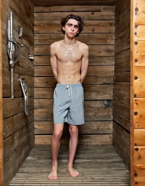 Timothée Chalamet, sweaty teen boy, in water, in finnish sauna, no clothing, far from camera, whole body, braces, age 19, wavy tiktok hair, boxer, bare feet, wearing no t-shirt topless, finnish sauna mountain, short fine armpit hair, flexing, veiny arms, c...