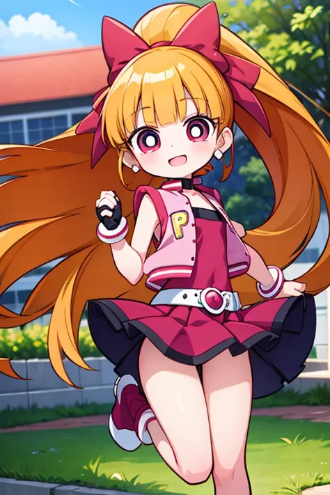 1 girl, momoko akatsutsumi (powerpuff girls z), red eyes, masterpiece, top quality, cute, happy, nice smile, young, bright sunli...