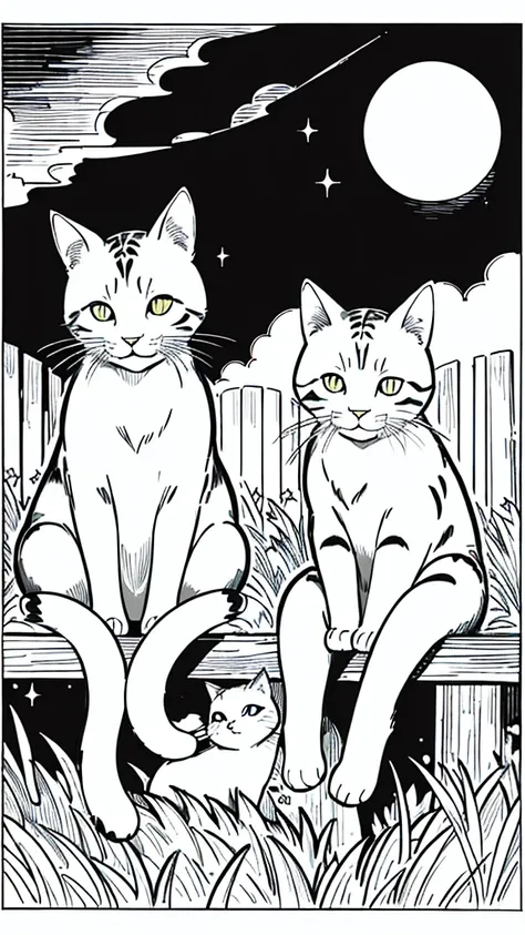 two cats sitting on a fence under a moonlit sky. animals. sketch, character lines and scenes without colors and shadows. (master...