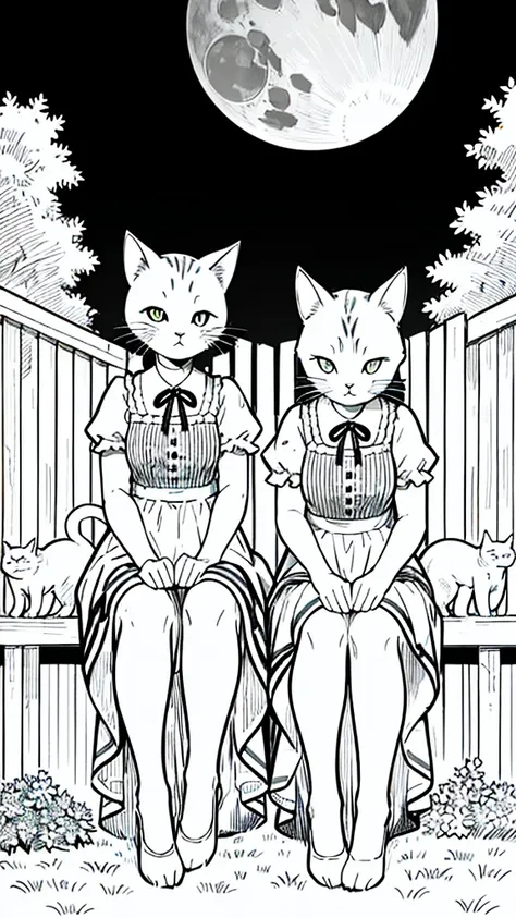 two cats sitting on a fence under a moonlit sky. animals. sketch, character lines and scenes without colors and shadows. (master...