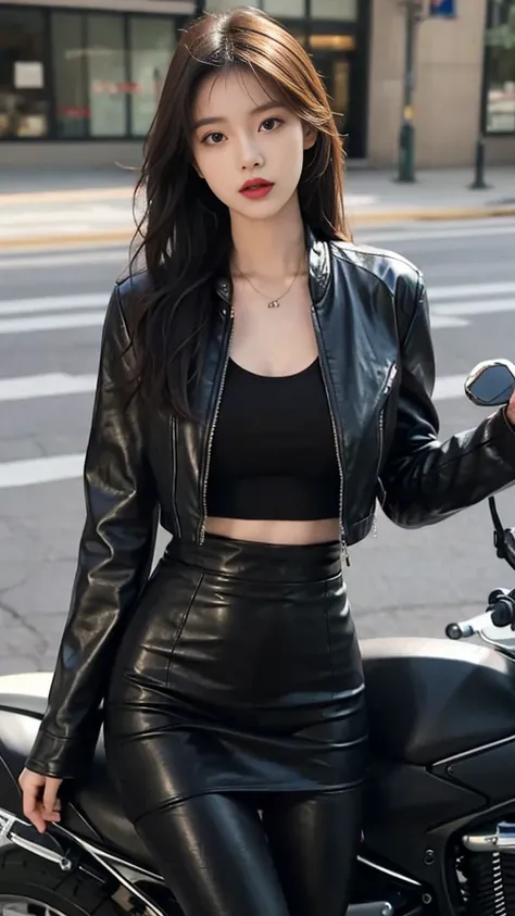 araffe woman in black tight leather dress sitting on a motorcycle, korean womens fashion model, korean girl, leather seductive clothes, by Yang J, dressed in biker tiny leather, she wears leather long jacket, leather tight clothing, leather, black leather ...