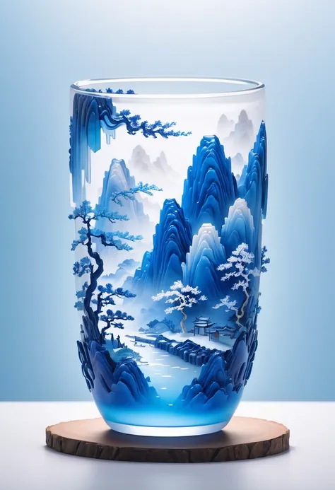 micro landscape design carved on the milk tea cup，translucent glass material,blue-white gradient,traditional chinese landscape p...