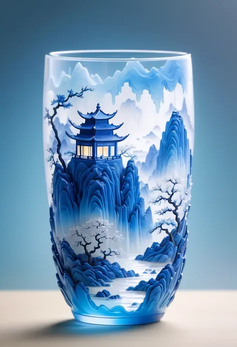 micro landscape design carved on the milk tea cup，translucent glass material,blue-white gradient,traditional chinese landscape p...