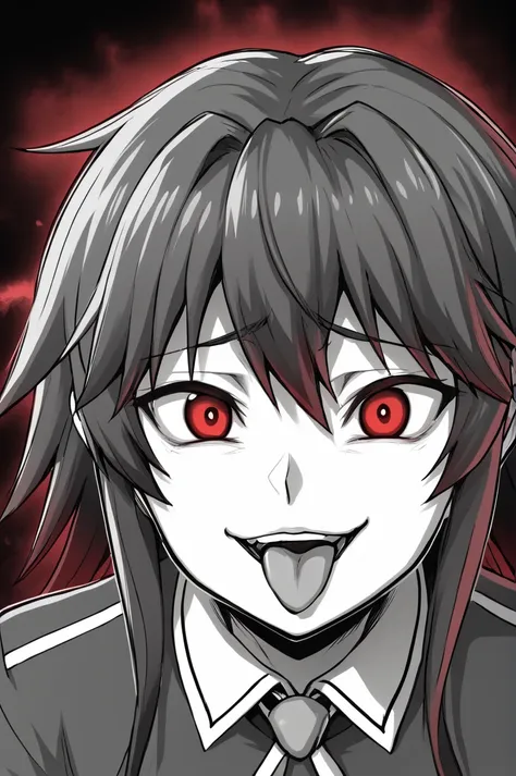 score_9, monochrome, spot color, black background, red aura, red eyes, mari setagaya, itadaki! seieki, looking at viewer, evil s...