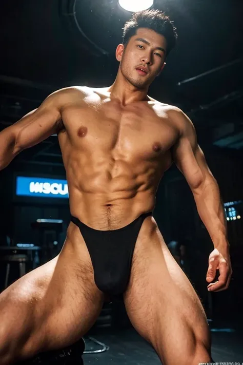 Mesh Bodysuit, ultra photorealism, ultra realism(Korean male) ,wearing sexy bodysuit, huge muscle，See-through, Underground nightclub, Dancing, Facial hair, Realistic, Masterpiece, Intricate details, Detailed background, Depth of field,（（（The crotch is rais...