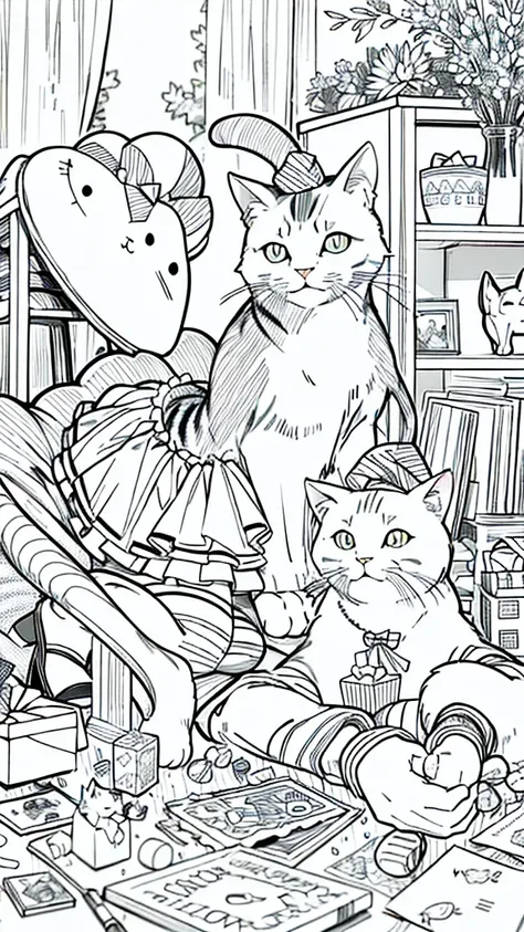 a cat with a party hat, surrounded by presents and a birthday cake. animals. sketch, character lines and scenes without colors a...