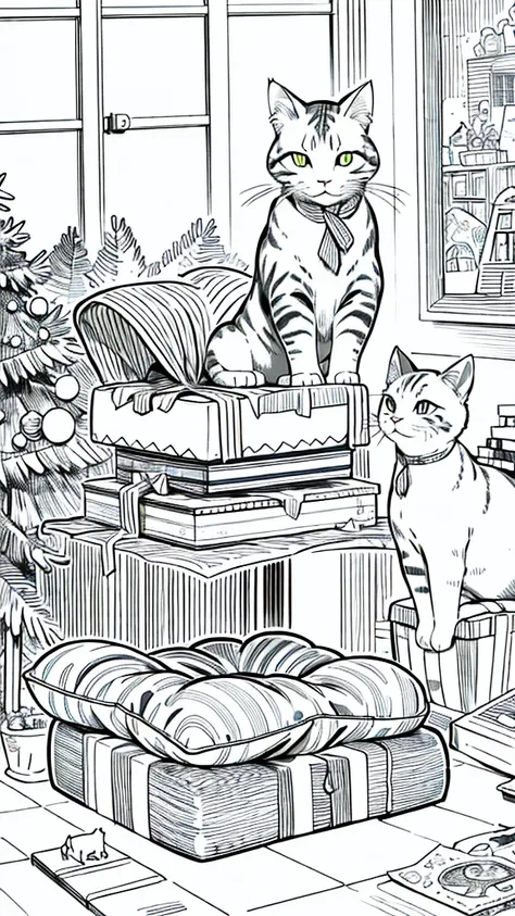 a cat with a party hat, surrounded by presents and a birthday cake. animals. sketch, character lines and scenes without colors a...