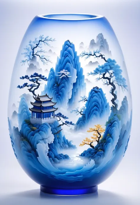 Micro landscape design carved on blue and white porcelain vase，Translucent glass material,Blue-white gradient,Traditional Chinese landscape painting,Abstract shapes,Minimalism,Cave，3d。water vapor，White mist，Heavy fog，