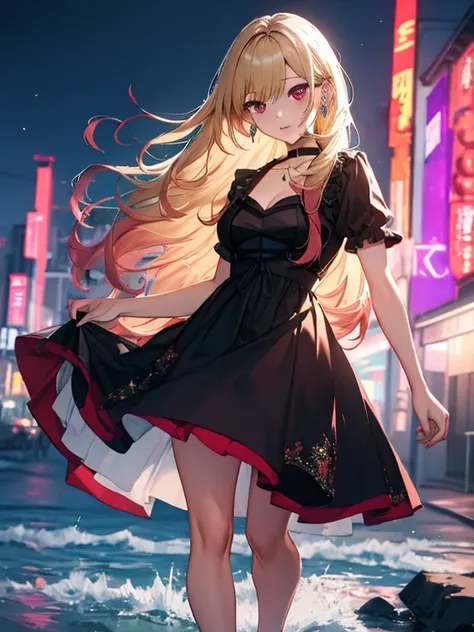 Evening Dress, Night view, Beauty, Beautiful eyes, full body, (masterpiece), highest quality, Kitagawa Marine, 1girl, blonde hair, long hair, multicolored hair, red eyes, jewelry, earrings, piercing, black choker, uhd, retina, masterpiece, ccurate, anatomi...