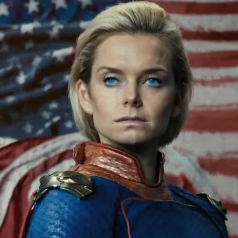 nfrtnt, a female version of homelander, red lazer eyes, american flag cape, blue suit