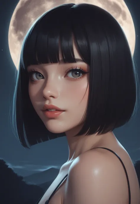 score_9, score_8_up, score_7_up, score_6_up, rating:safe, 1girl, solo, blunt_bangs, bangs, black_hair, moon, lips, looking_at_viewer, portrait, parted_lips, full_moon, bob_cut